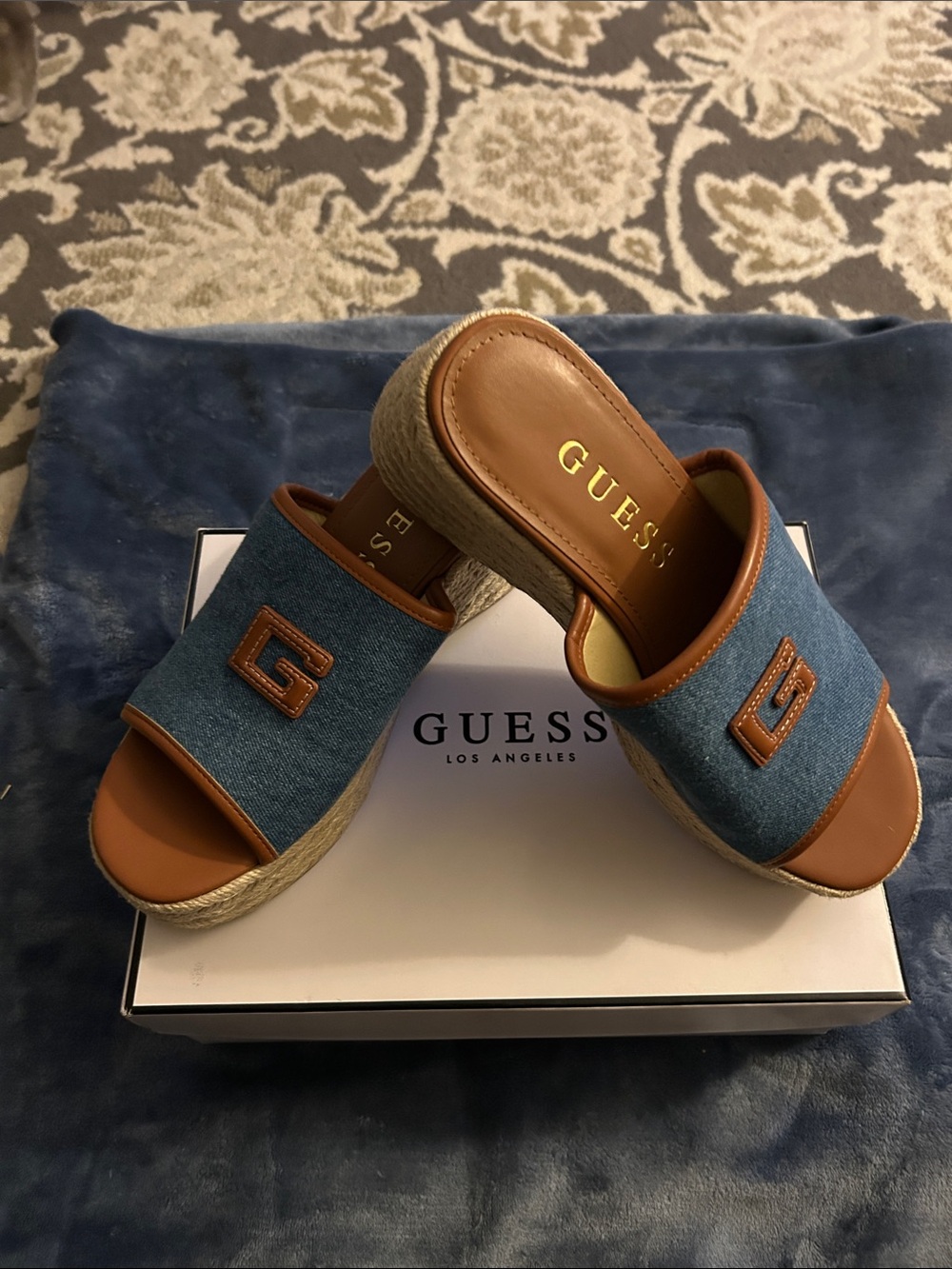 Guess Blue Denim and Tan Espadrille Slide Sandals